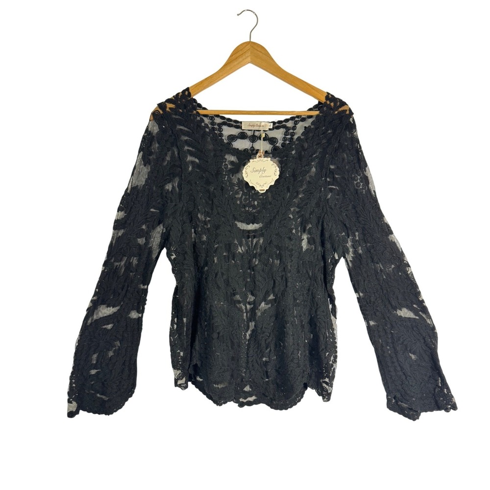 Whimsigoth Simply Couture Womens‎ L Lace Top Black Sheer Floral C107 Long Sleeve